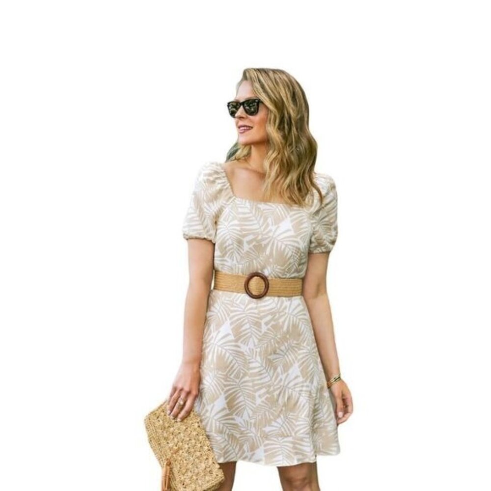 LOFT Fit‎ and Flare Linen Dress Palm Print Size 4